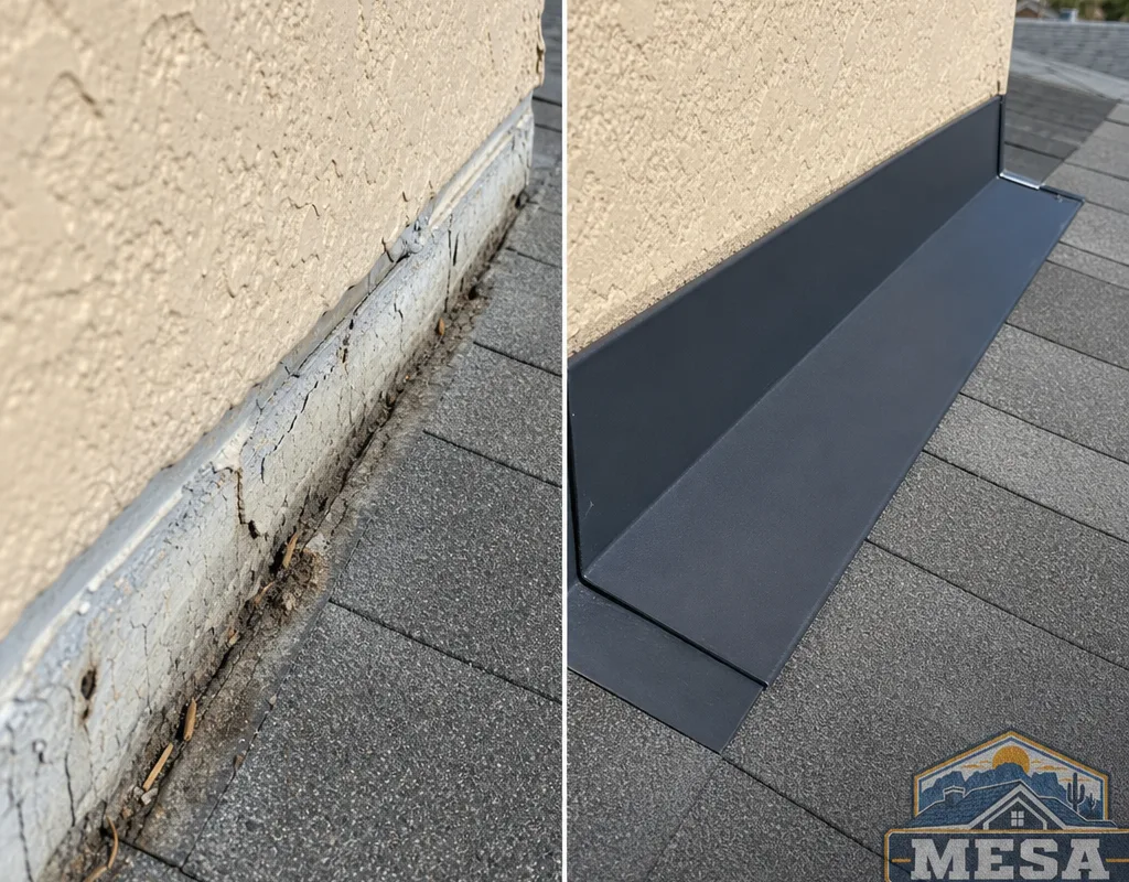Before-and-after view showing failed roof-to-wall sealant and rebuilt watertight flashing
