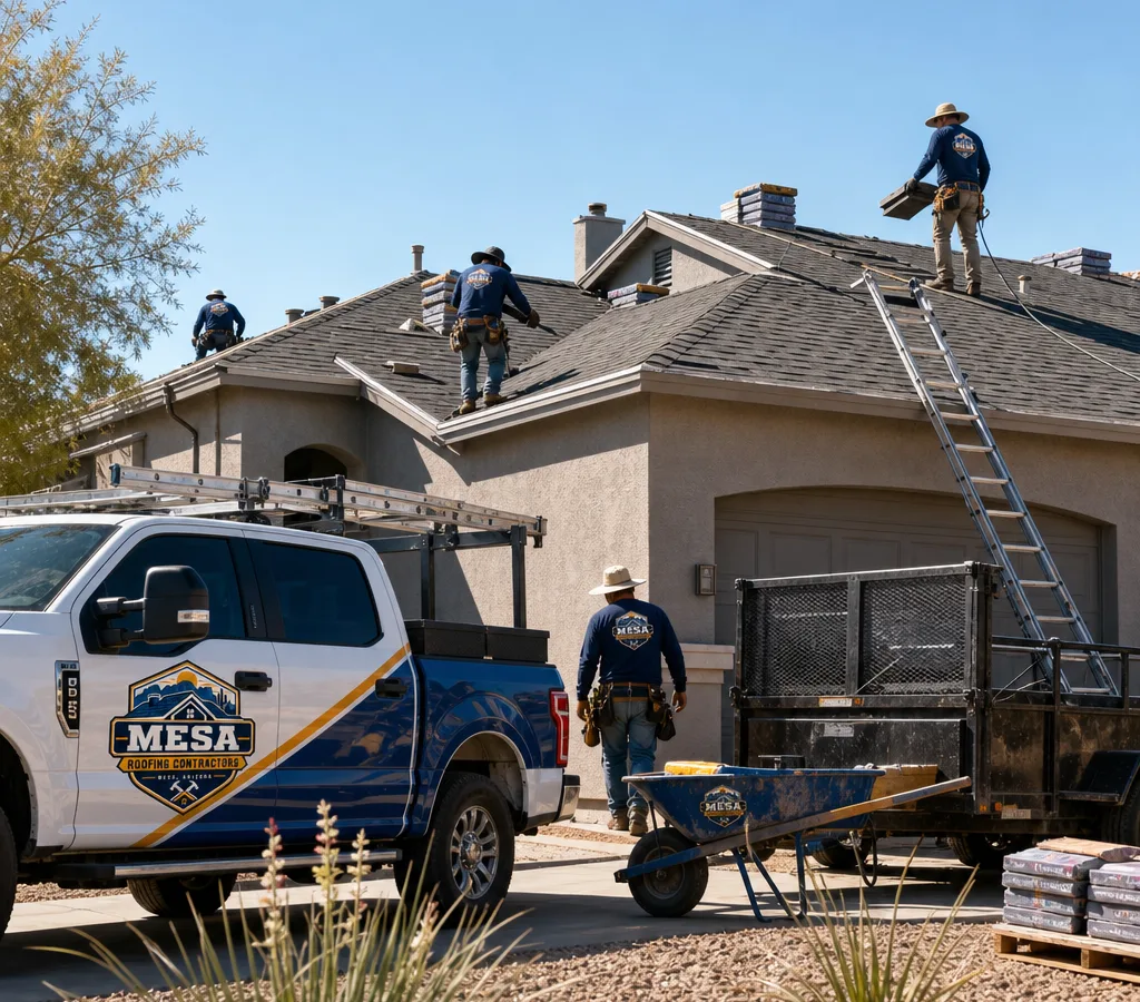Roofing crew working safely on a pitched shingle roof at a Mesa-area home in bright desert sun