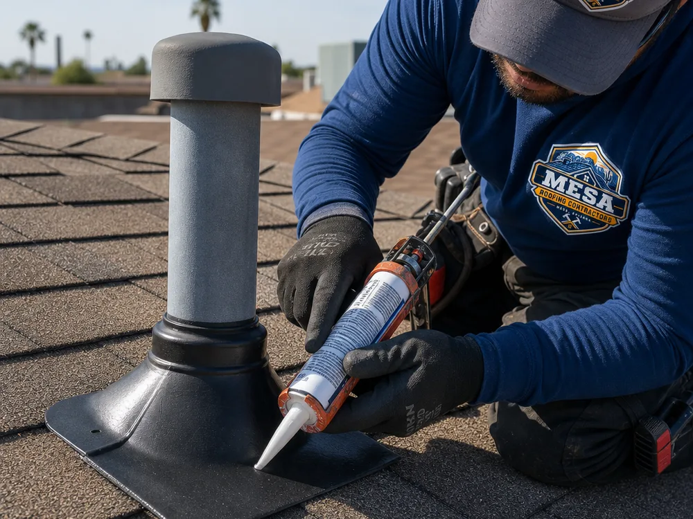 Close-up of properly installed flashing and sealant around a roof penetration on a Mesa home