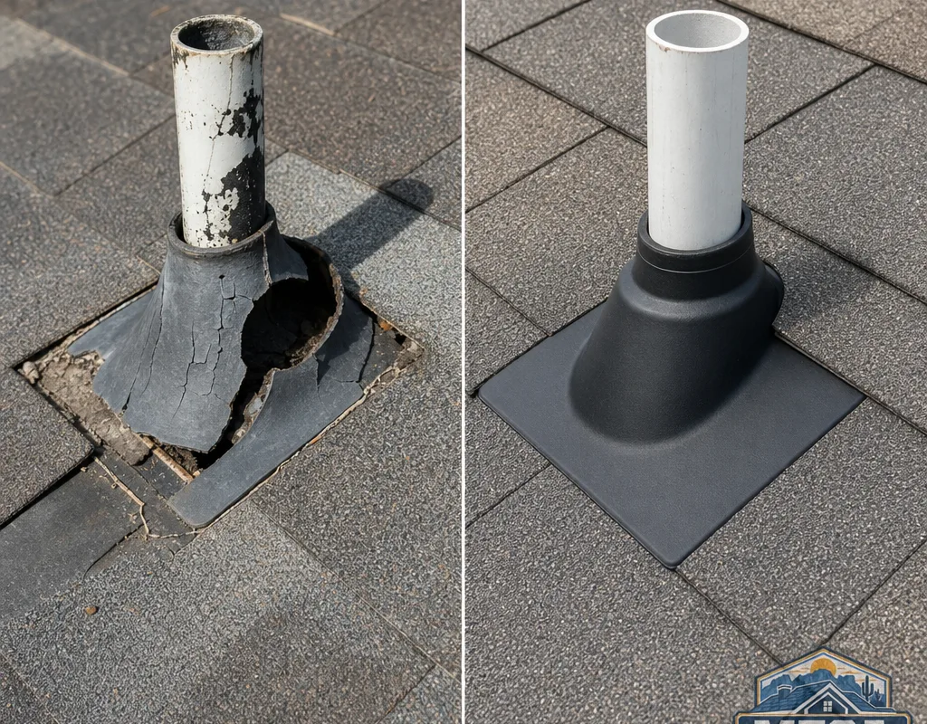Before and after view of a deteriorated pipe boot replaced with properly integrated flashing