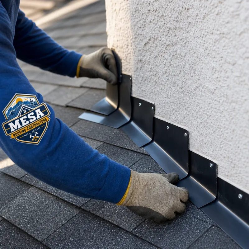 Correctly installed step flashing at a wall intersection on a shingle roof