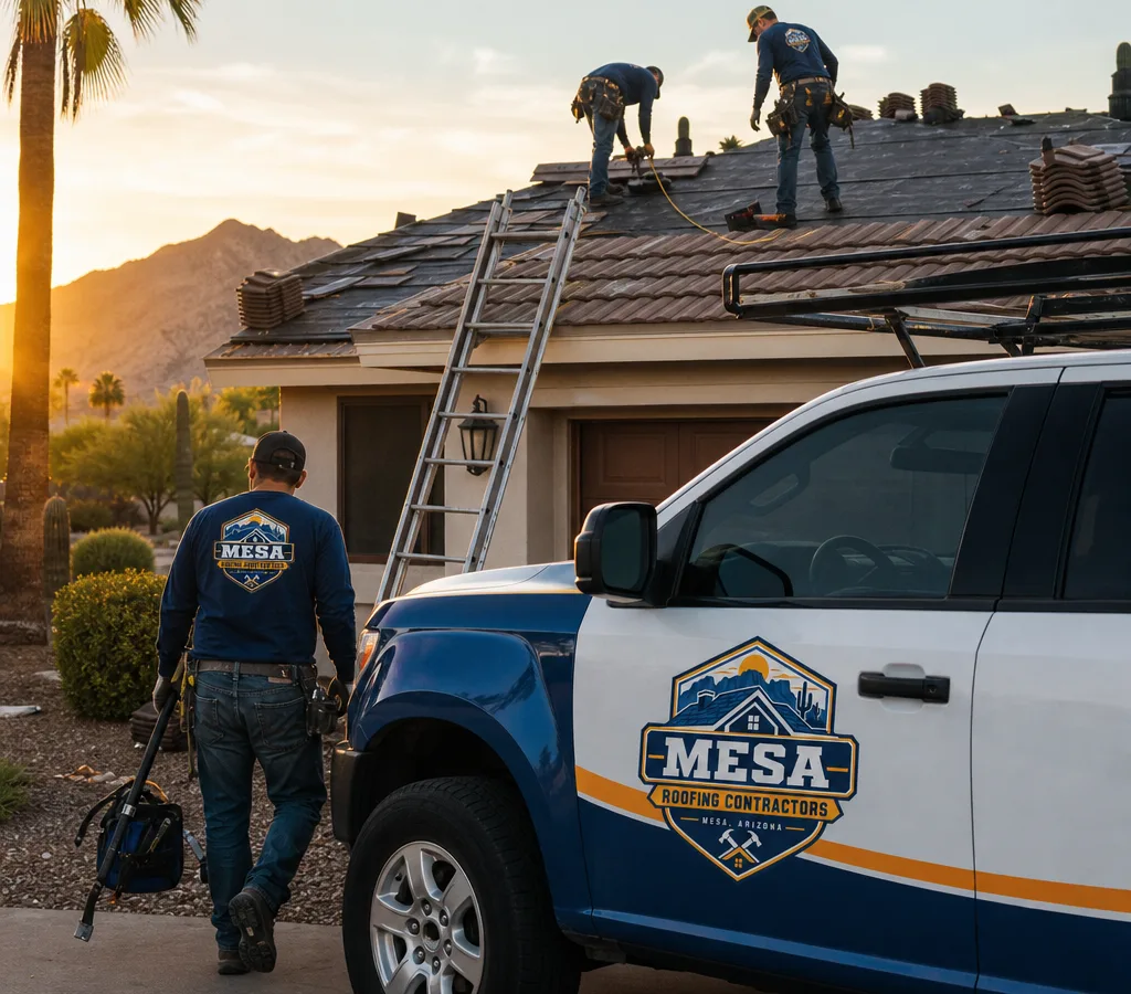 Mesa roofing crew inspecting and repairing a single-story home with a safe ladder setup