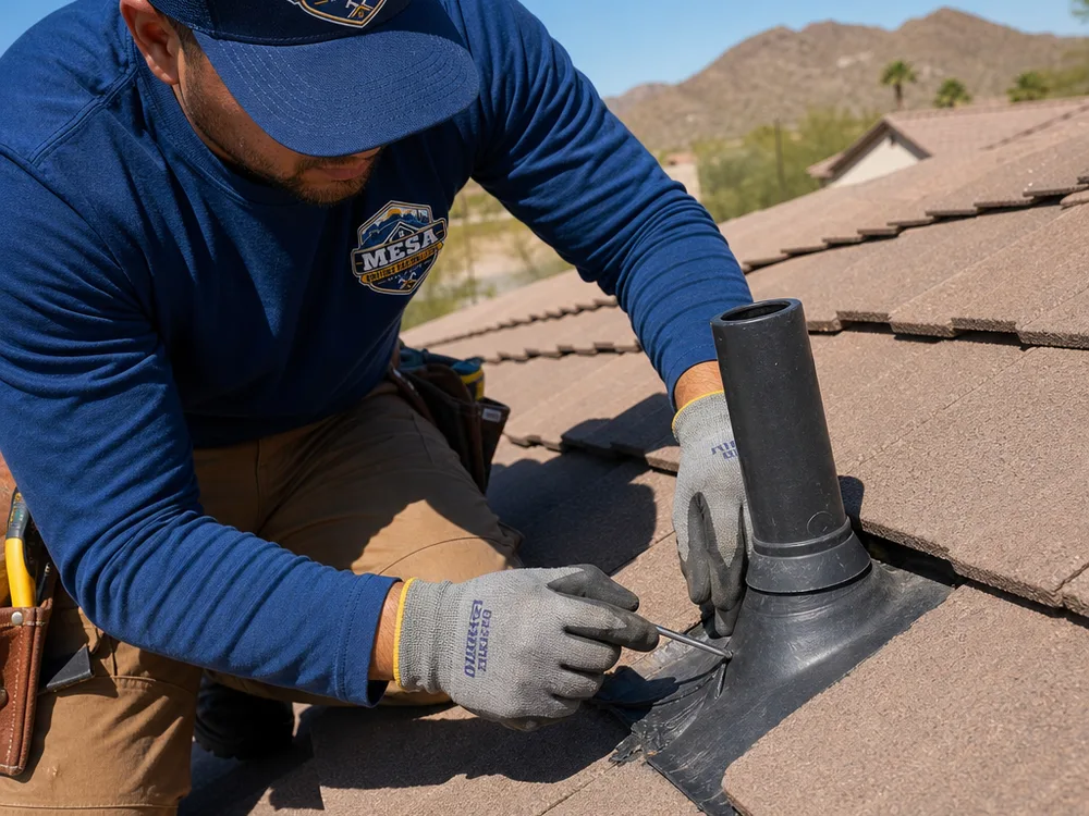Roofer inspecting flashing and a pipe boot on a Mesa roof using gloves and a probe tool