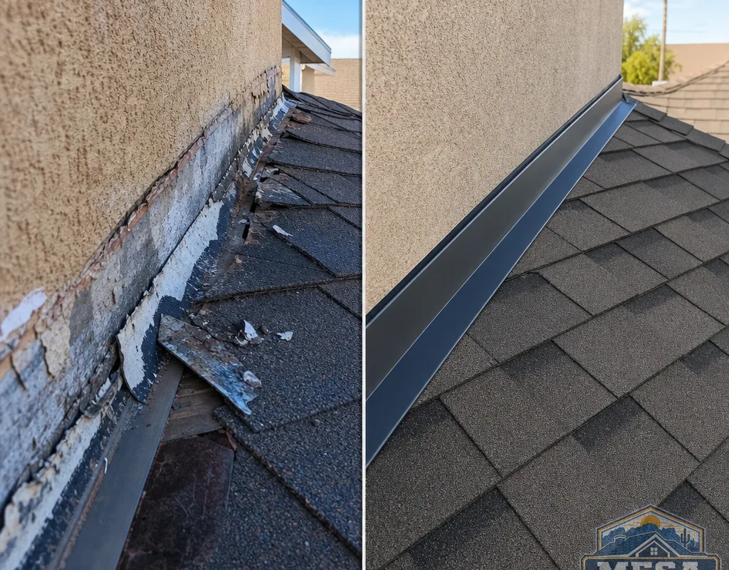 Before-and-after Mesa roofline with corrected wall flashing, clean edge metal, and consistent shingle alignment