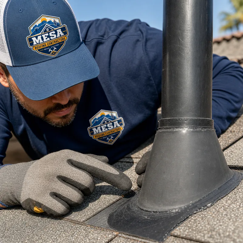 Roofer examining a pipe boot and surrounding roof flashing on a Mesa home