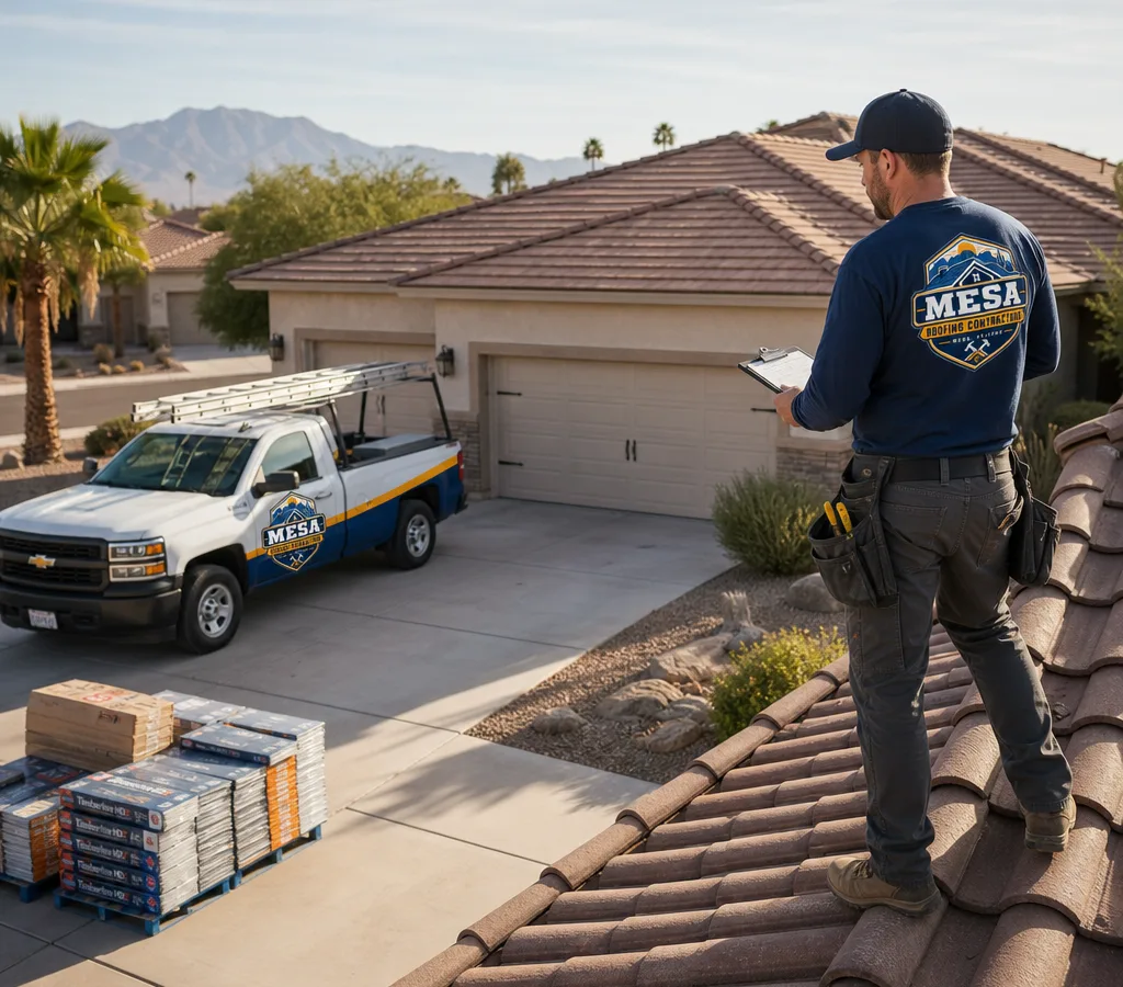Mesa roofer closely inspecting a residential roof with a clean driveway and neatly staged materials