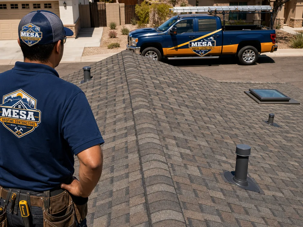 Finished residential roof with straight shingle courses, neat ridge caps, and tidy penetrations