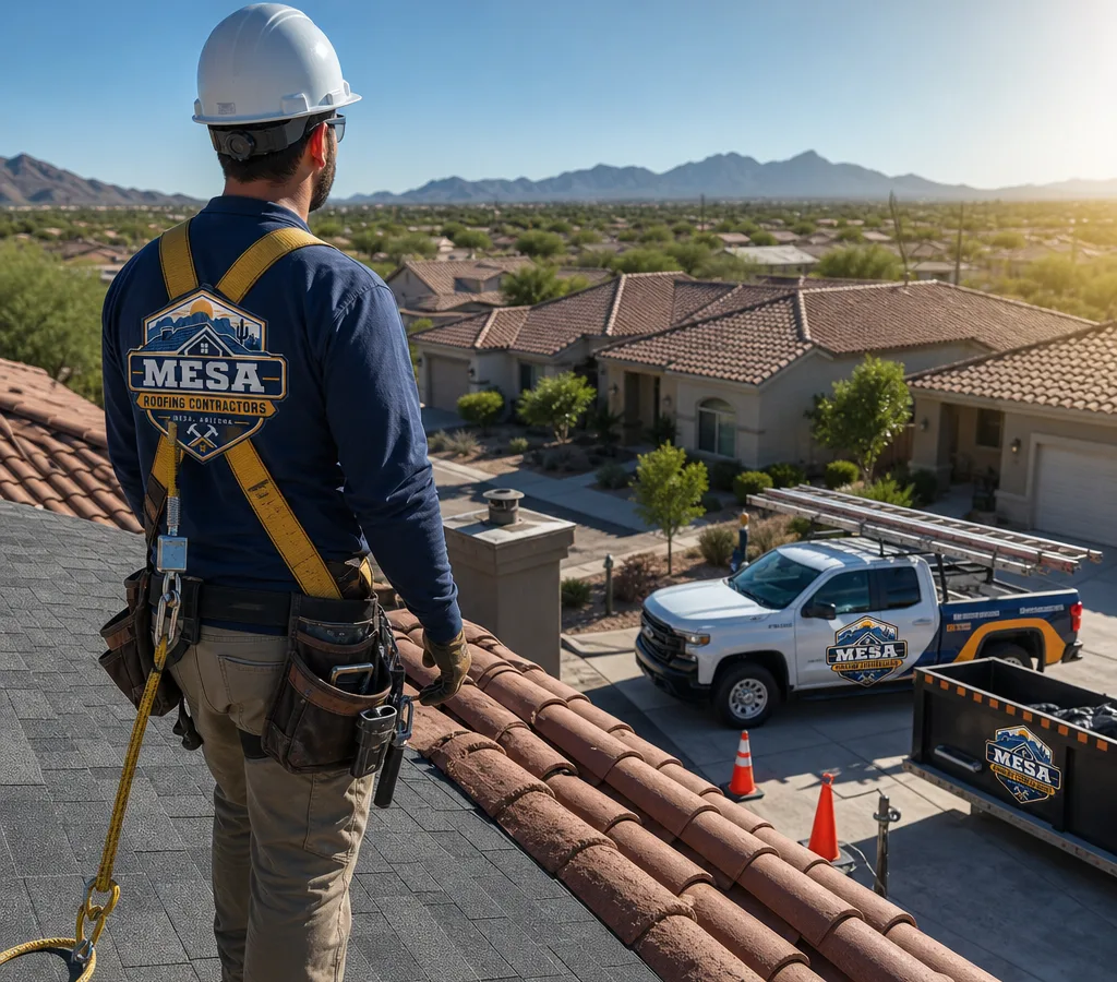 Roofing contractor inspecting tile and shingle roof sections on a Mesa home under bright desert sun