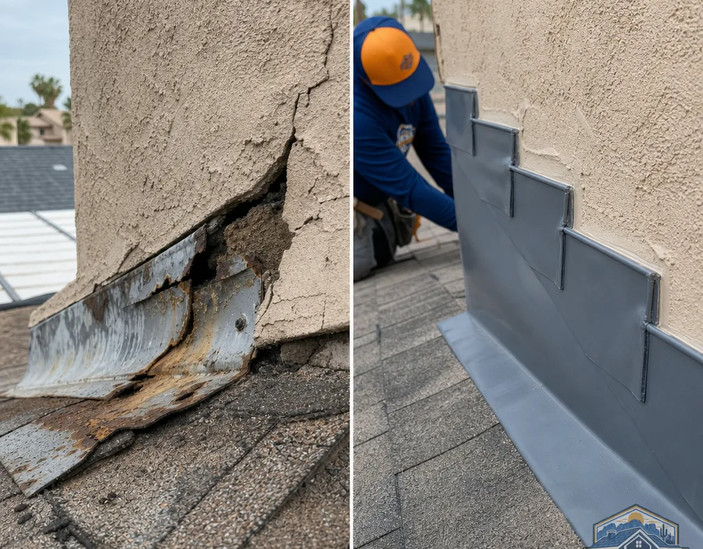 Before-and-after of loose wall-to-roof flashing rebuilt with correctly stepped and counterflashed components