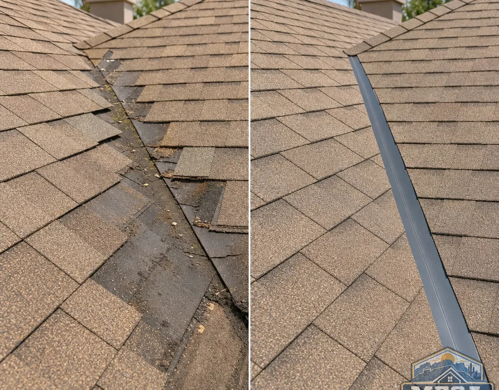 Before-and-after of a roof valley leak repair with damaged materials replaced and a clean valley water path restored