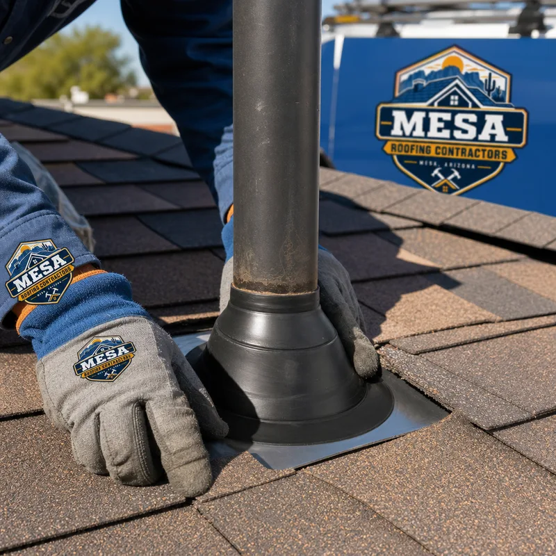 Close-up of a correctly layered pipe boot flashing repair with surrounding roofing materials reset