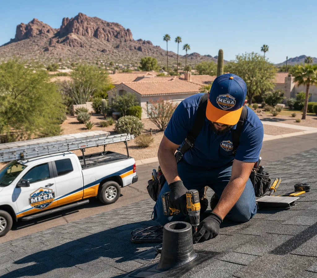 Mesa roofing technician repairing a residential roof near a vent penetration under bright Arizona sun