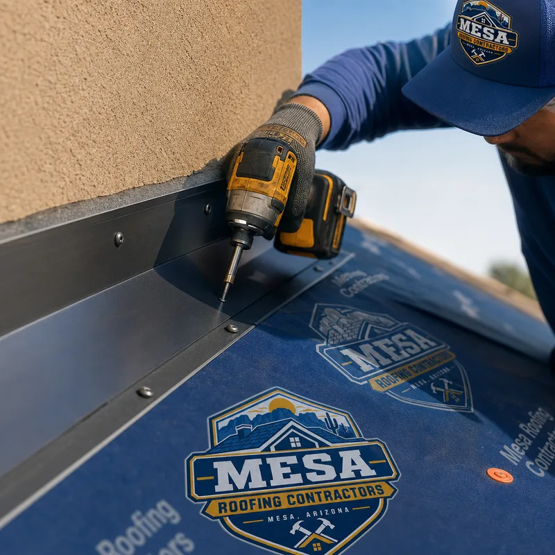 New roof underlayment and properly installed metal flashing at a roof-to-wall transition with clean fastener lines and sealed edges