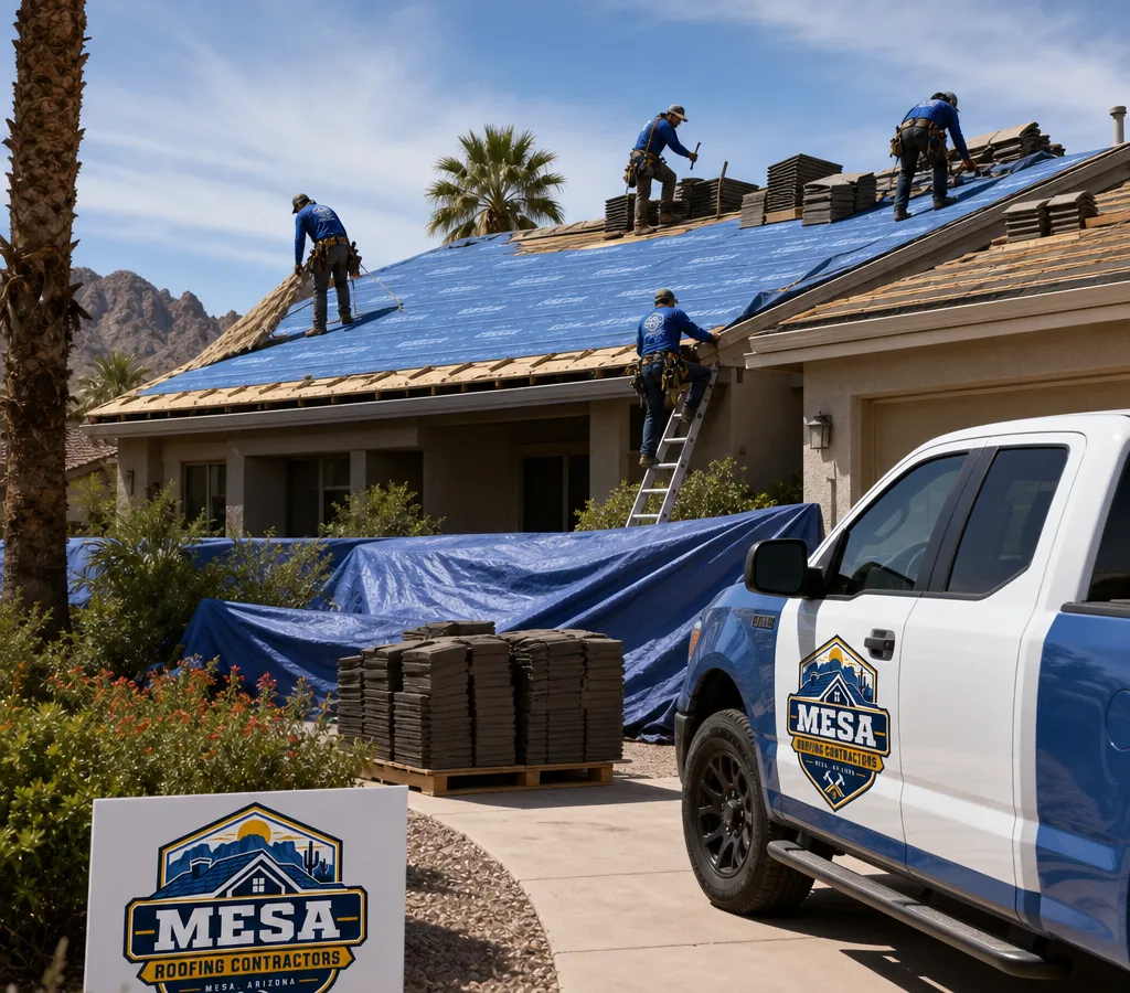 Residential roof replacement in Mesa with tear-off underway, underlayment visible, and roofing materials staged beside protected landscaping