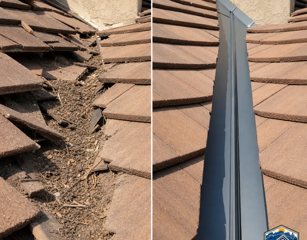 Before and after view of a tile roof valley with debris and miscut tiles corrected for clear drainage