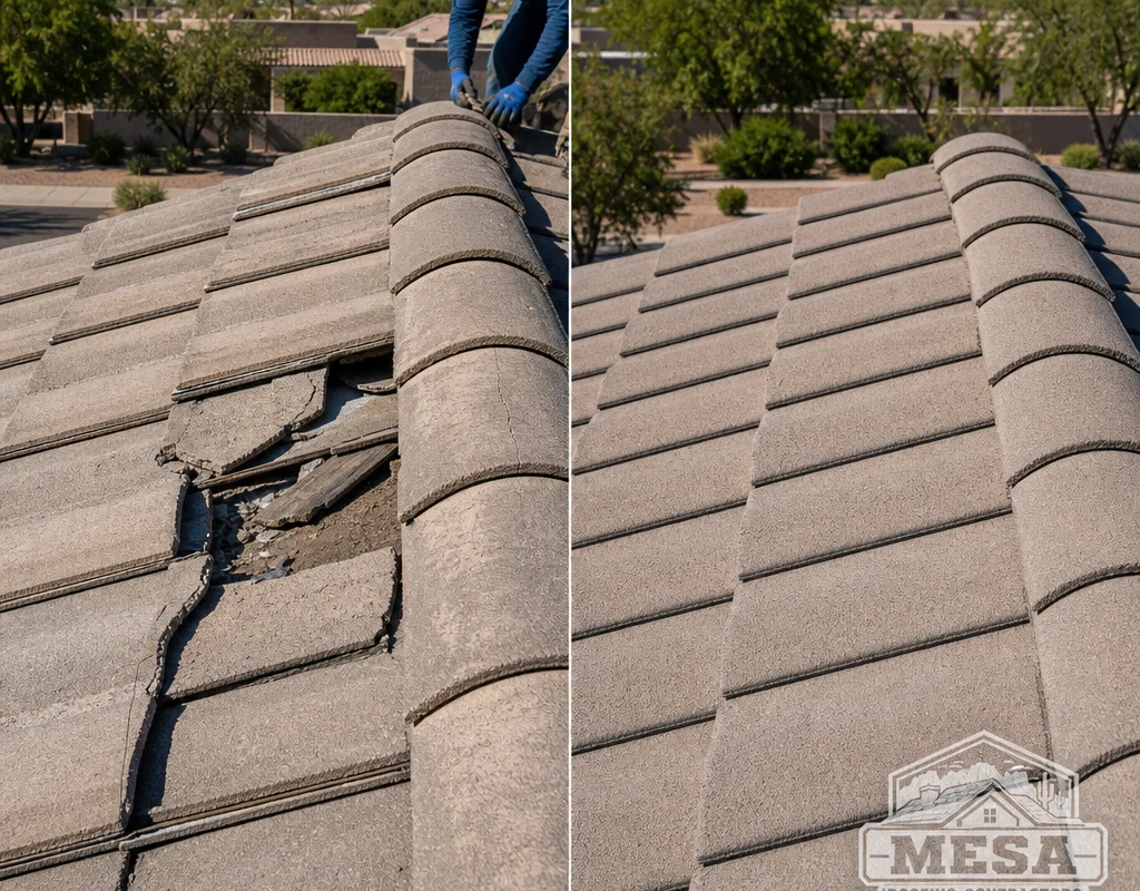Before and after view of broken concrete roof tiles replaced and surrounding tile courses realigned