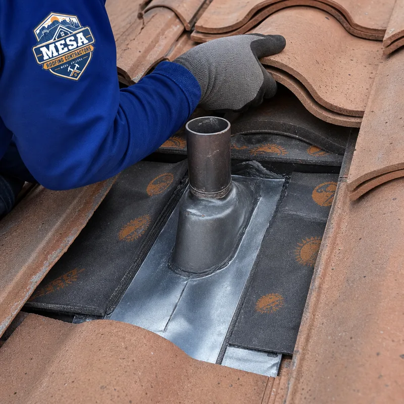 Lifted roof tiles exposing underlayment and flashing at a penetration during a tile roof repair