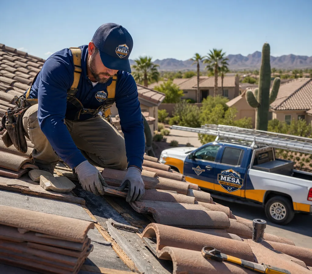 Technician performing a targeted repair on a residential tile roof in Mesa with replacement tiles staged safely