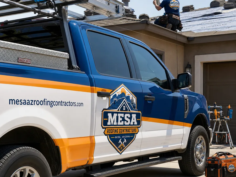 Roofing crew member reviewing flashing and underlayment near a vent penetration on a Mesa home
