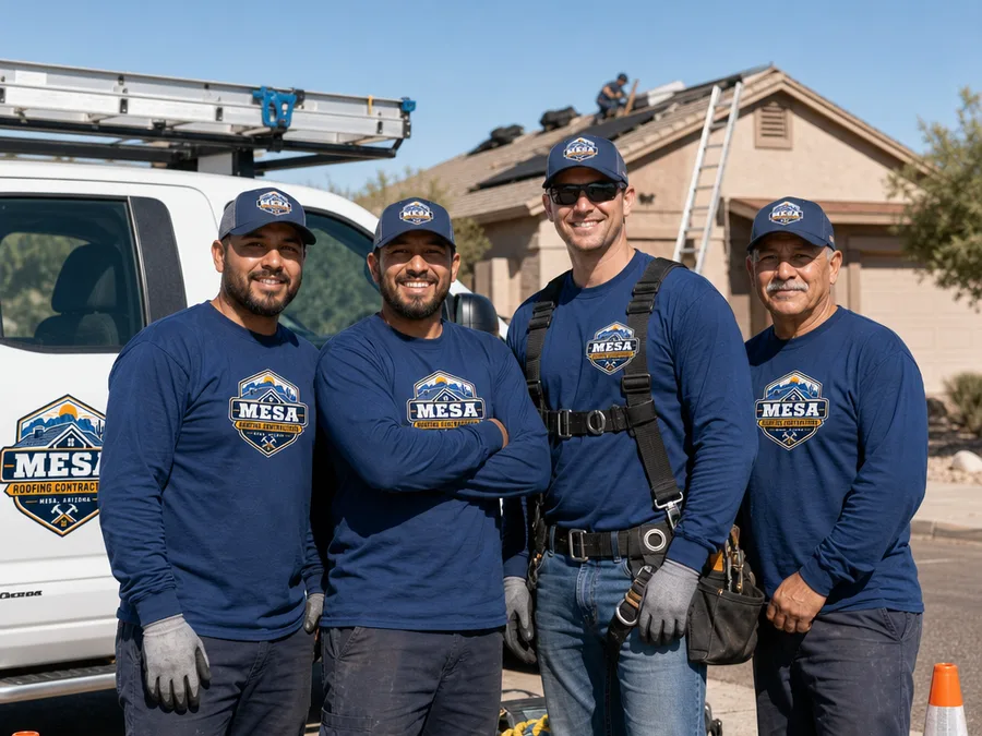 Mesa roofing team beside a work truck with safety equipment and an inspection ladder